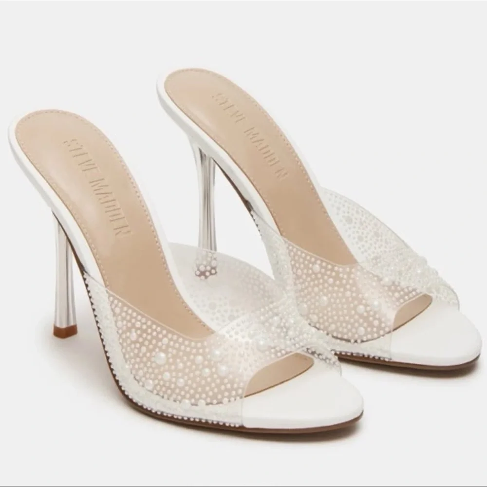 Steve Madden Peach PVC Open Toe White Pearl Embellished Heels